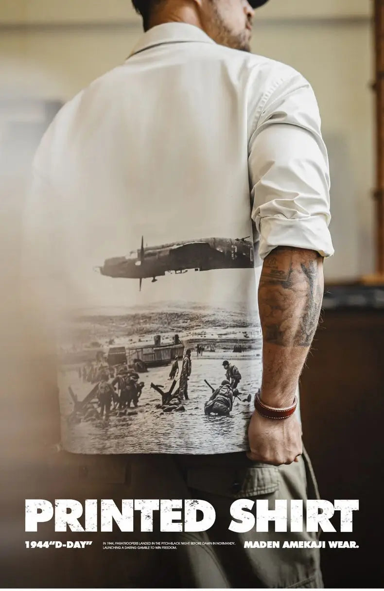 Maden Men's Vintage Printed Long Sleeve Shirt White Cuban Collar Single Breasted Blouse Loose Fit Shirt for Spring and Fall Tops