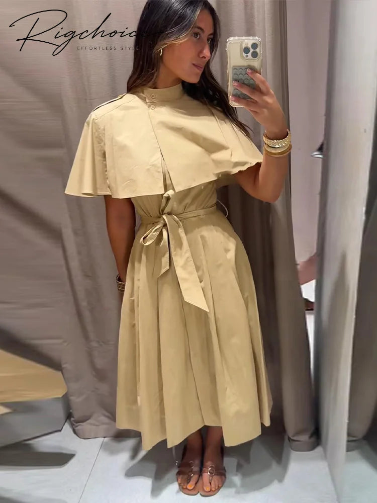 Women's Trench Style Midi Dress Stand Collar Cape Overlay Short Sleeve Belted Waist A‑Line Dresses Autumn Elegant Office Outfits