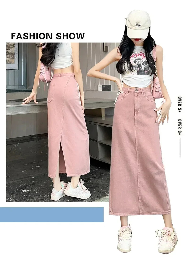 New Summer Women's 100% Cotton Denim Shorts Pink High-waisted Slit Retro Elegant Fashionable Casual Denim Long Skirt Female