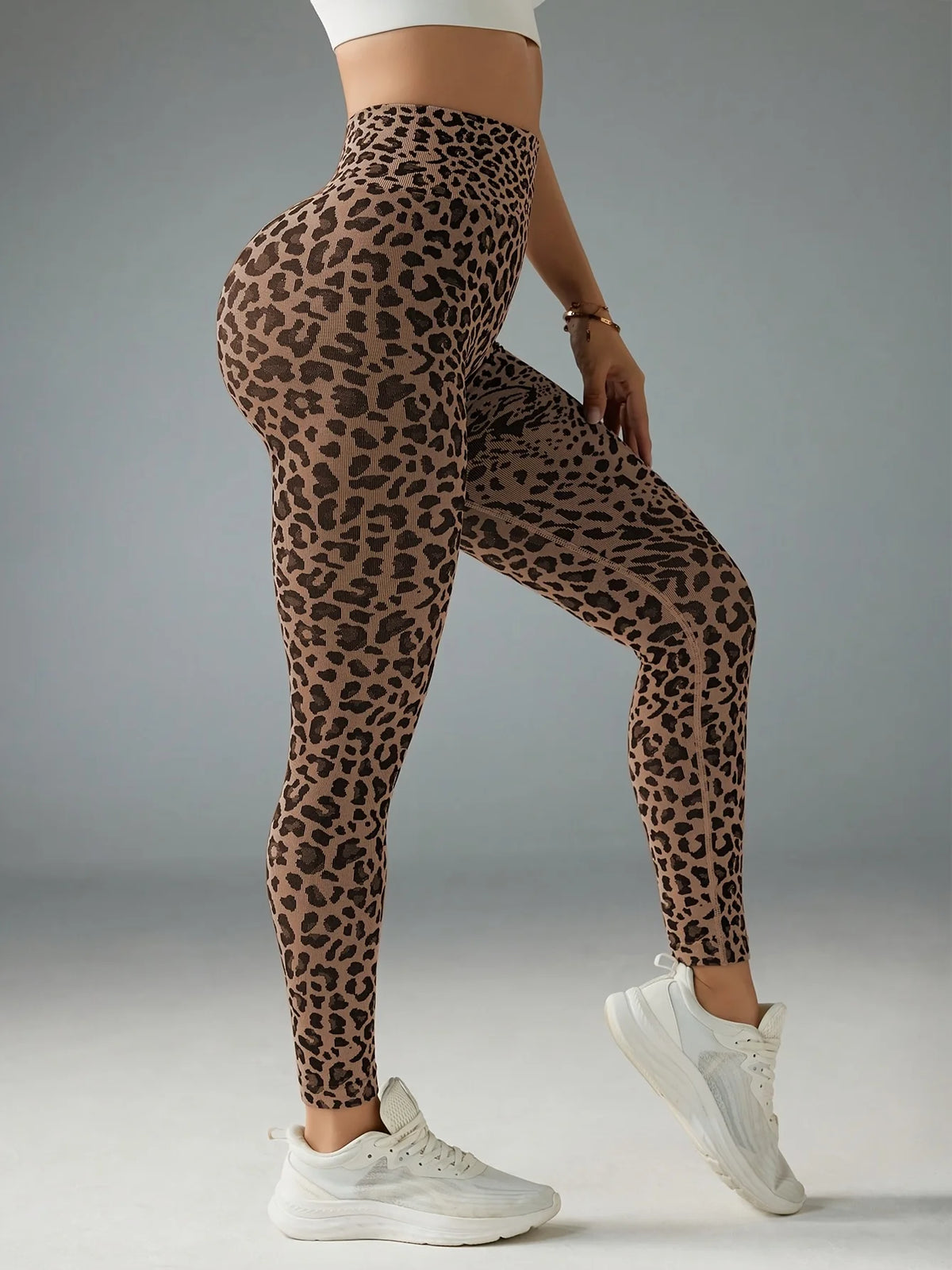 Women Mid‑Rise Fleece Lined Leggings Grey Leopard Print Slim Stretchy Warm Yoga Workout Pants
