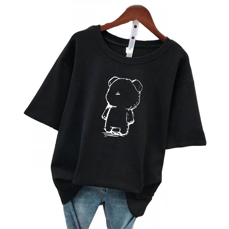plus Size Women's Cotton T-Shirt Loose Fit Short Sleeve round Neck Print Design Comfortable Casual Style Korean Fashion