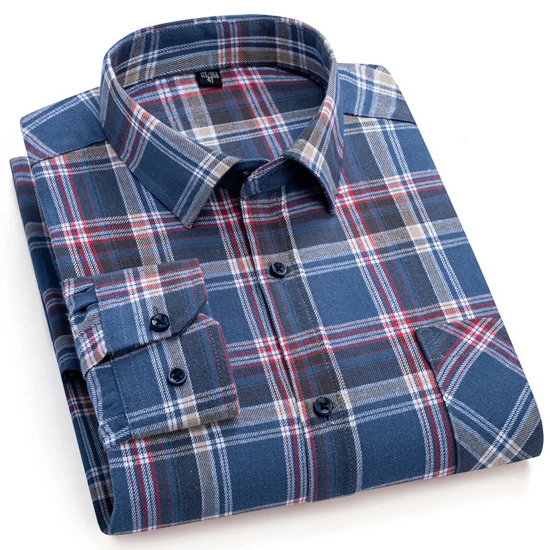 Men's Winter Chic Long Sleeve Shirt Cotton Flannel Plaid Button-Up Comfortable Warm Top for Business Casual Dress Shirts New