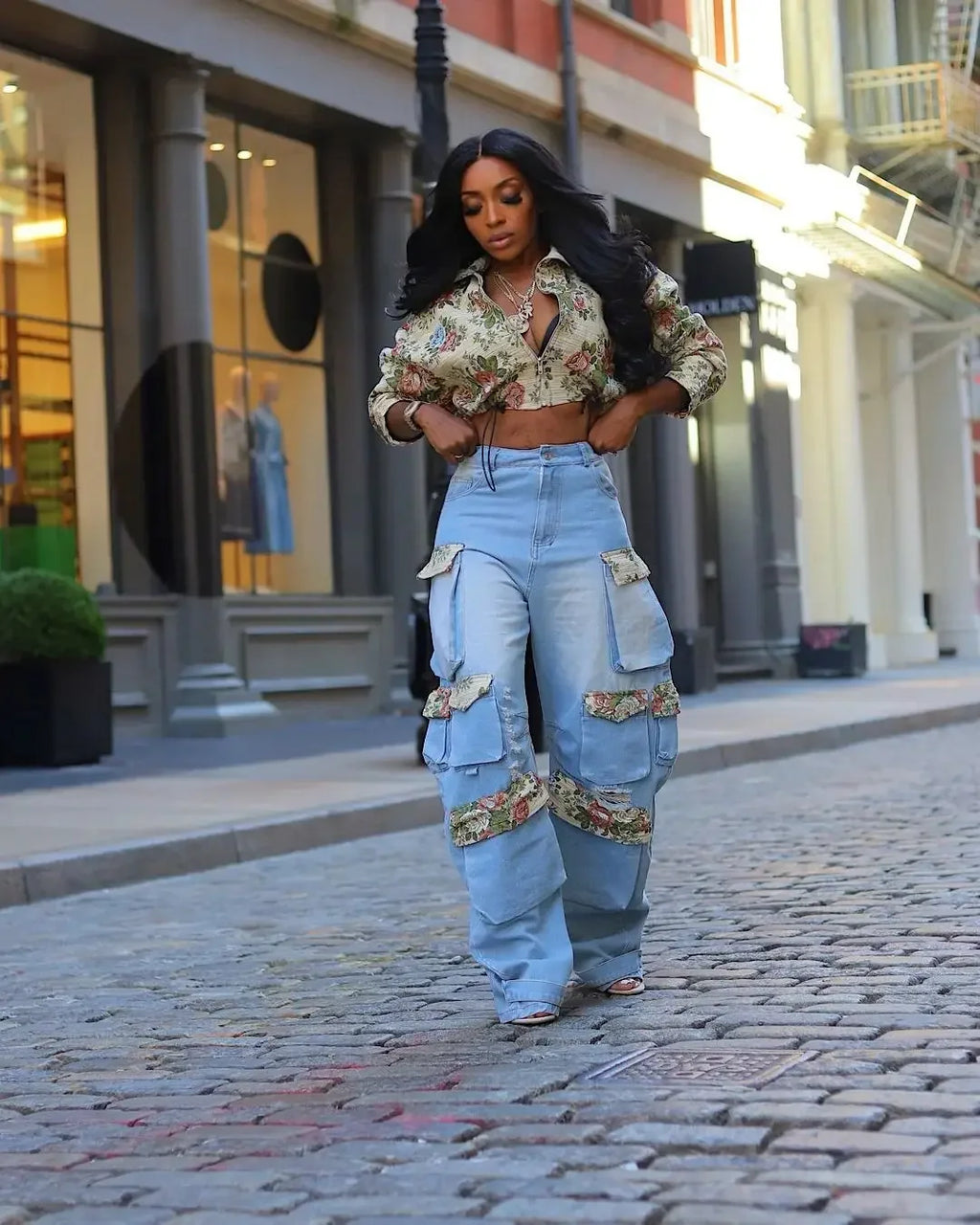 Washed Jeans Women's Set Full Sleeve Floral Jacket and Pockets Cargo Jeans Pants Suit 2025 Street Two 2 Piece Set Outfit