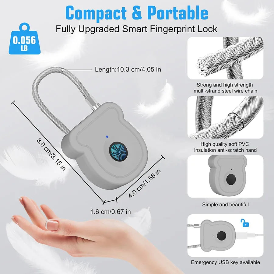 2025 NEW Keyless USB Charging Fingerprint Lock Smart Padlock Door Lock 0.2sec Unlock Portable Anti-theft Padlock