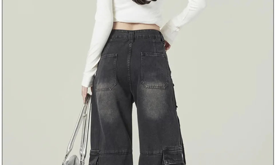 Black Gray Multi Pocket Cargo Jeans Women's Y2K Gothic Baggy Harajuku Oversize Denim Trousers Washed Straight Leg Wide Leg Pants