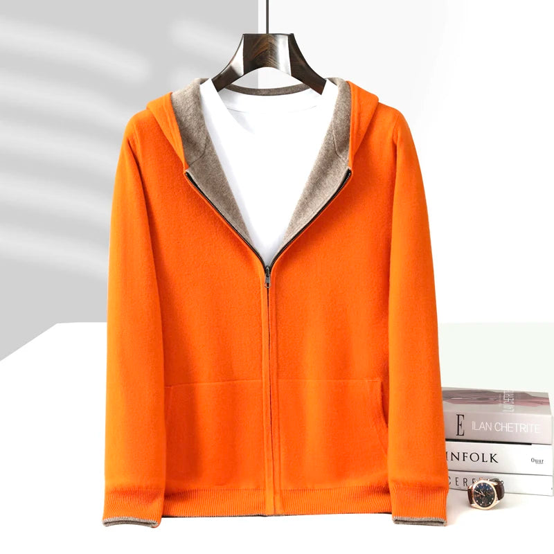 New Men's 100% Merino Wool Double Sided Wearable Hooded Sweater Casual Autumn Winter Coat Long Sleeved Men's Wool Sweater Tops
