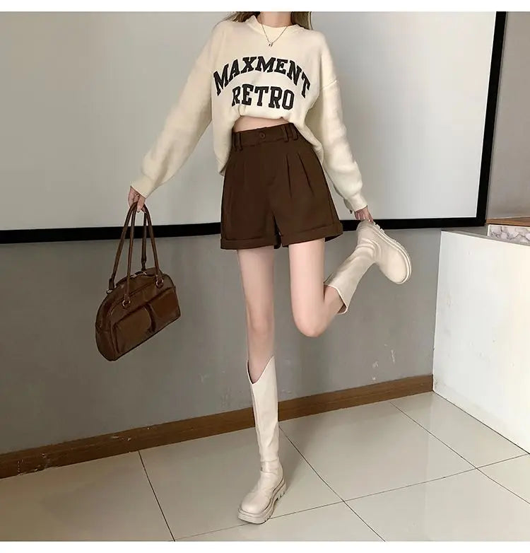 Women Office Lady Summer 2025 Solid Brown Thick High Waist Shorts Korean Style Wide Leg Boot Pants