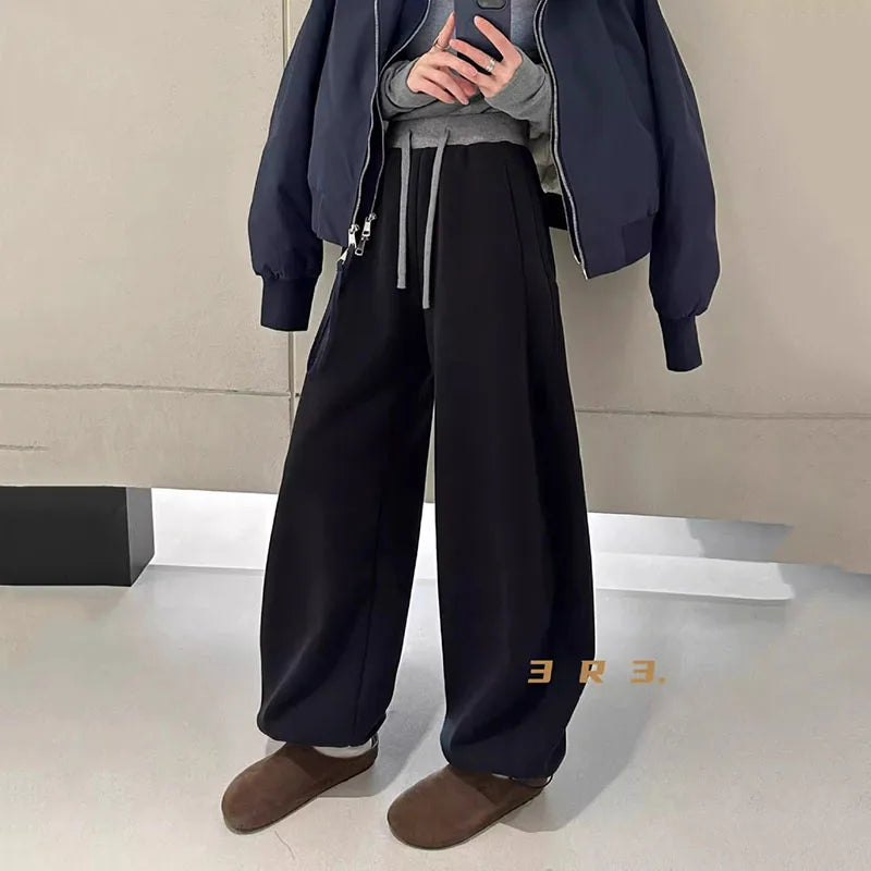 Women Drawstring Baggy Sweatpants High Waist Loose Wide Leg Curved Trousers Casual Soft Streetwear Jogger Pants for Daily Wear