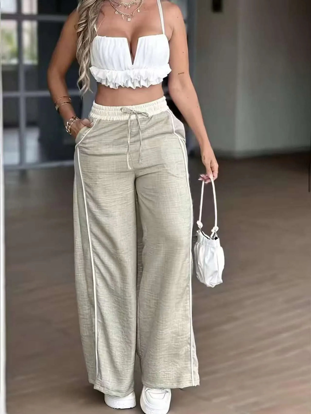 Beige High Waist Pants Full Length Drawstring Waist Trousers Side Stripe Pocket Detail Wide Leg Pants Solid Color Black Pants