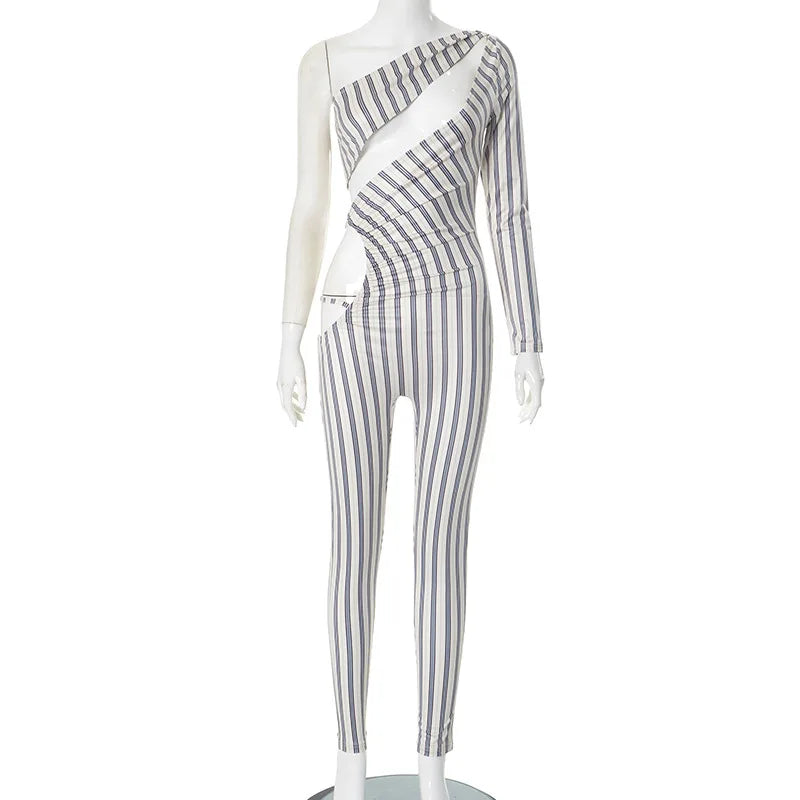 Fashion Women's Sexy Hollow Jumpsuit 2025 Spring Ruched Irregular Hipster Club Stripes Print Full Sleeve Midnight Party Overalls