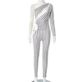 Fashion Women's Sexy Hollow Jumpsuit 2025 Spring Ruched Irregular Hipster Club Stripes Print Full Sleeve Midnight Party Overalls