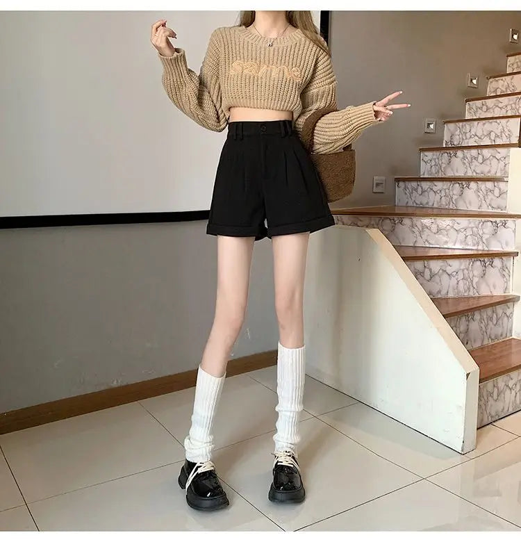 Women Office Lady Summer 2025 Solid Brown Thick High Waist Shorts Korean Style Wide Leg Boot Pants