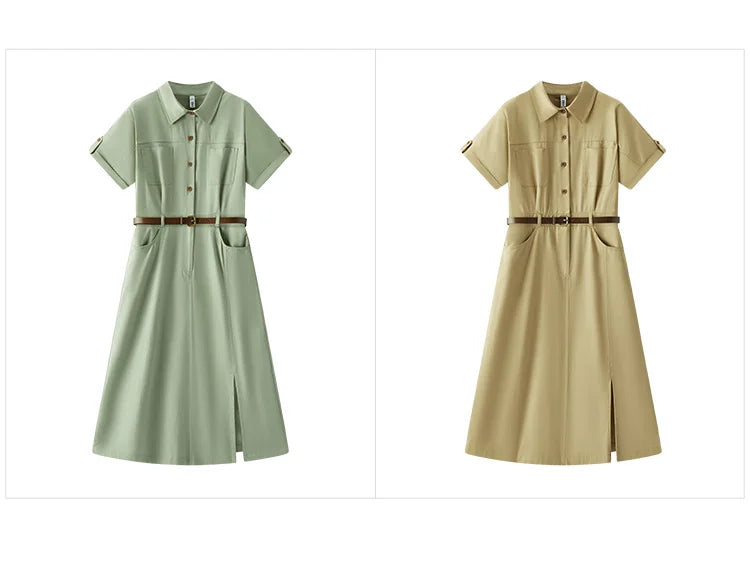 Semir Women Dress Shirt Collar Cotton Slit Midi Belt Slim Vintage Urban Workwear 2026 Summer Fashion Office Top