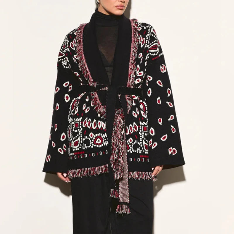 Casual Print Tassel Cardigan Women Elegant Belt V-neck Long Sleeve Knitted Sweaters Female 2026 Autumn Winter Knitwears Lady