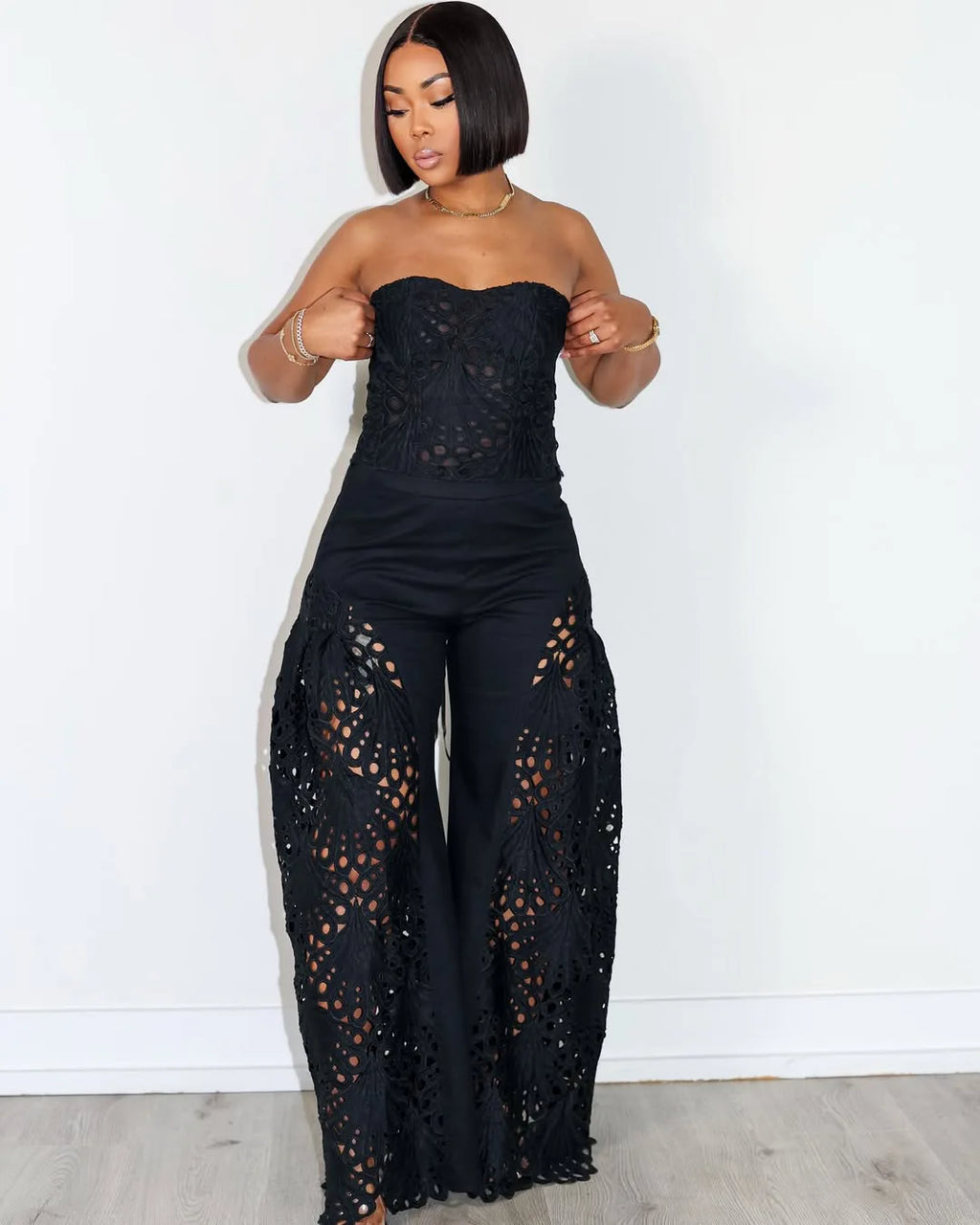 Women's Solid Color Pants Sets Hollow Out Lace Tube Top Cropped Top High Waist Trousers Two Piece Set Sexy Hot Girl Streetwear