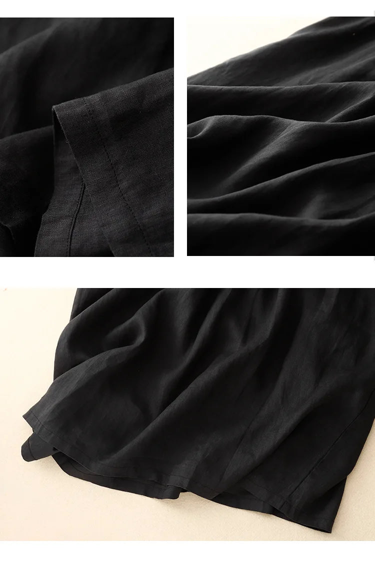 Summer Cotton Linen Blended Thin And Breathable Dress Women Literary Big Swing Short Sleeve Solid Loose Casual Female Dresses