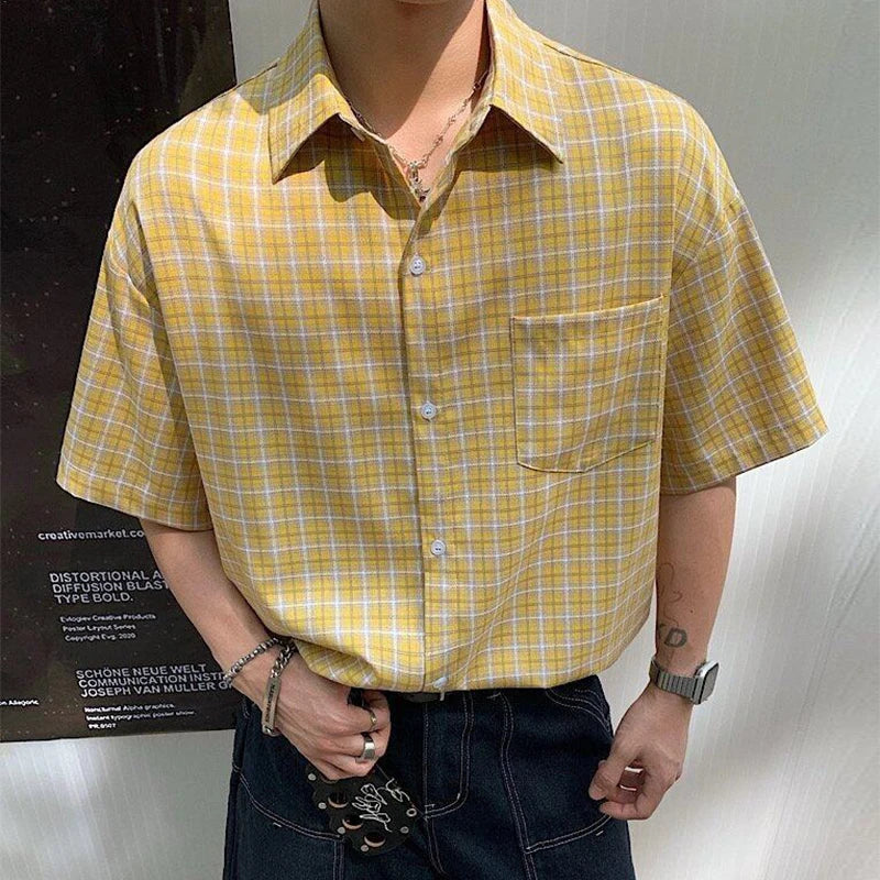 2025 Summer Stylish Short Sleeve Shirt Men's Streetwear Vintage Button-up Turn-down Collar Shirts Trendy Men Plaid Printed Shirt