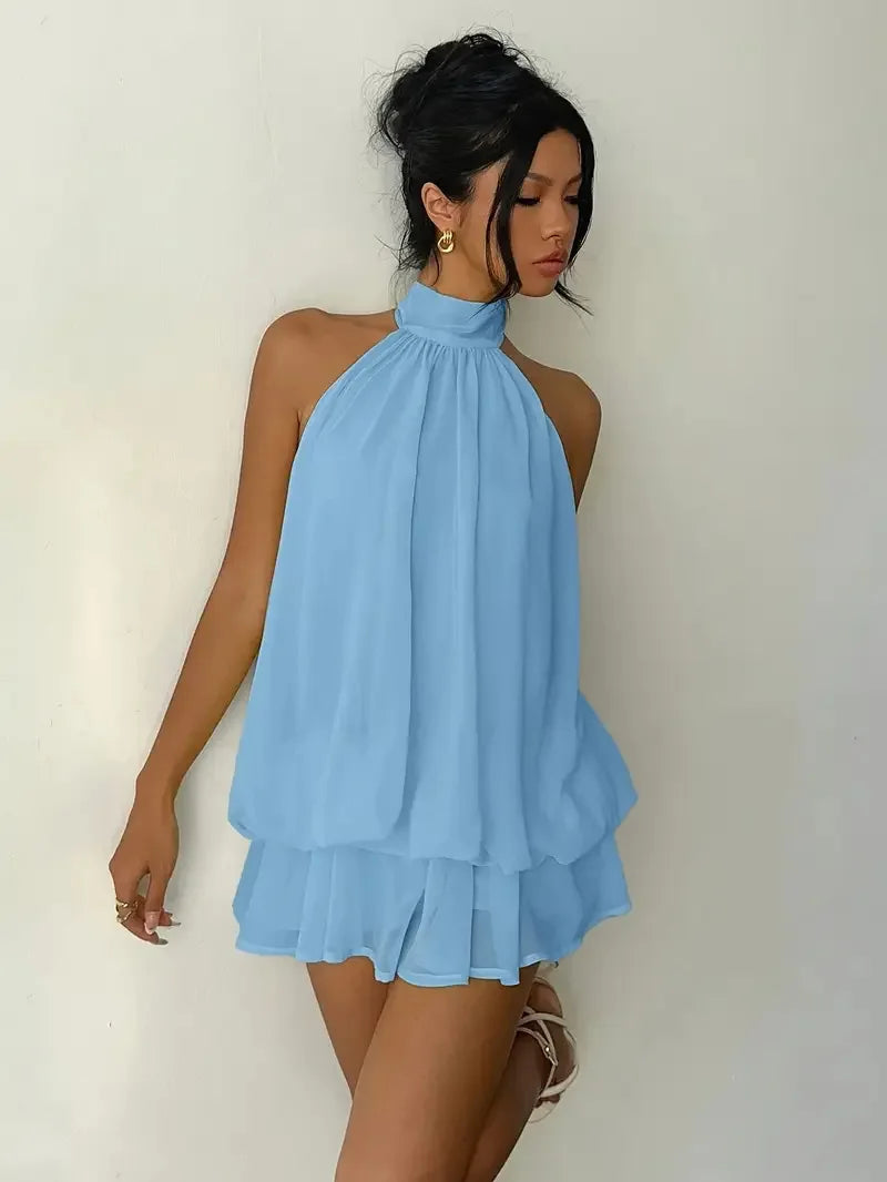 Women Halter Neck Backless Tie Mini Dress Summer Sleeveless Chiffon Ruffle Short Dresses Sexy Club Party Beach Vacation Outfit