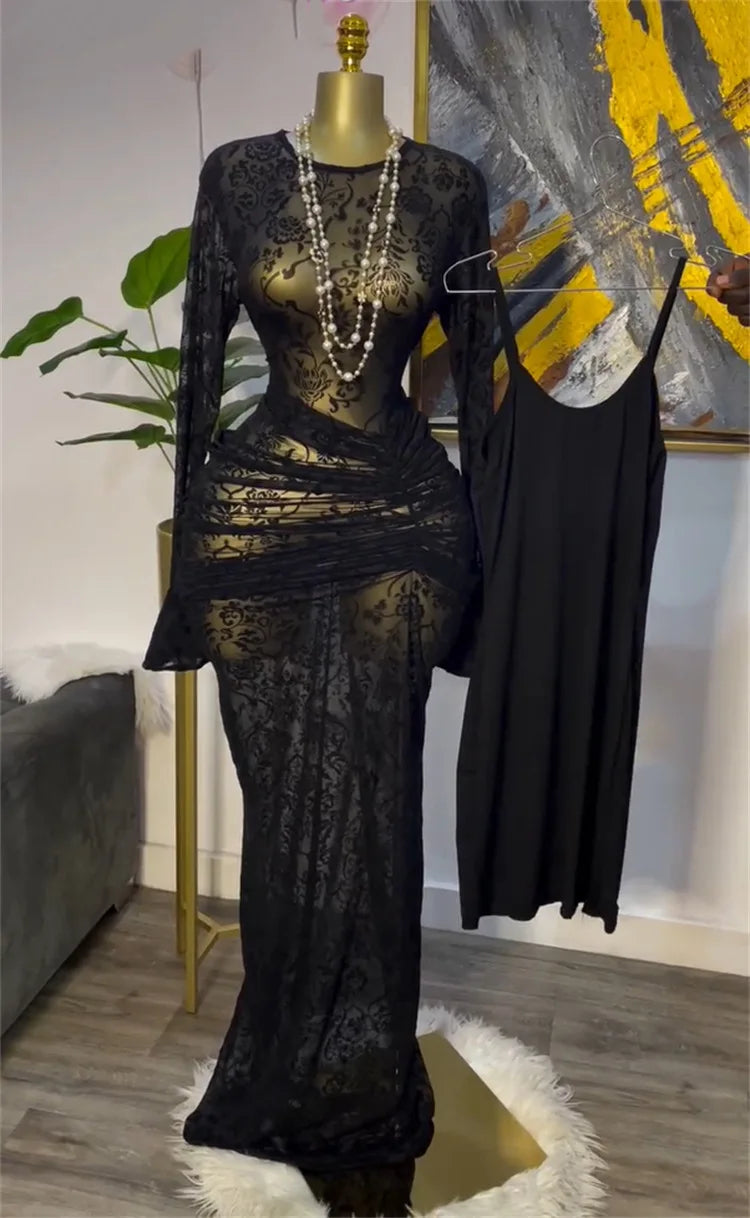 CM.YAYA Women Long Sleeve Ruched Mesh See Though with Lining Bodycon Long Dress 2025 Fall Evening Birthday Sexy Party Dresses