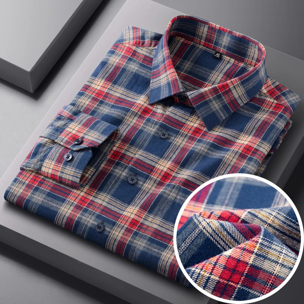 Vintage Men's Flannel Shirts with Pocket Long Sleeve Brushed Shirt for Men Warm Casual Soft Cotton 100% Button Down Plaid Shirt