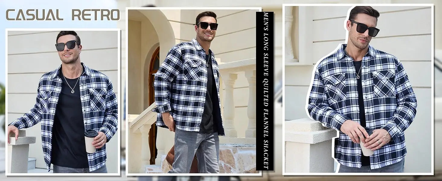 MAGCOMSEN Flannel Shirt with Quilted Lined Jacket Mens Long Sleeve Plaid Shirt Coat Button Down Outerwear Winter Male