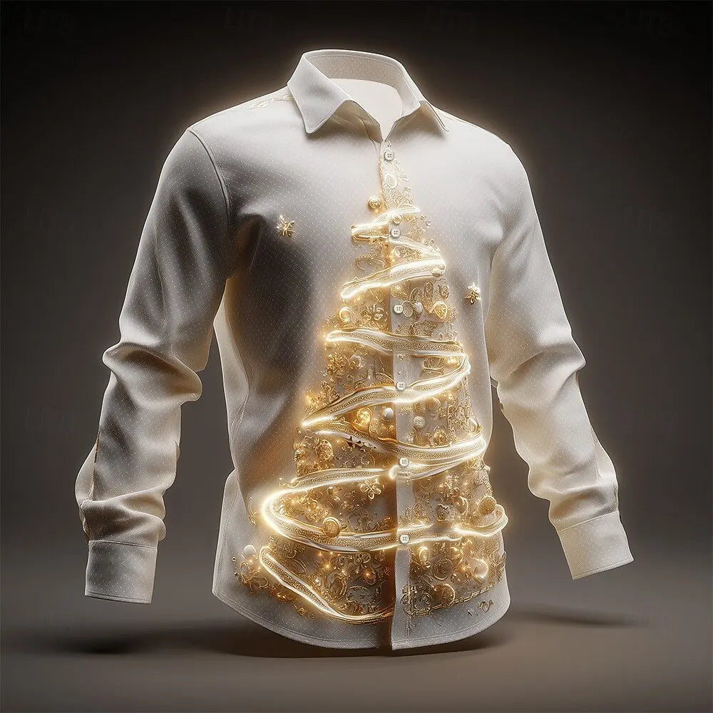 2025 Men's Christmas Tree Sparkling Glitter Christmas Light Shirt Button Up Shirt Long Sleeve Funny Christmas Gifts Holiday Wear