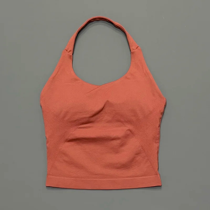 Halter Yoga Tank Top Women Sexy Seamless Strappy Backless Slim Fit Padded Breathable Gym Fitness Running Workout Sports Tops