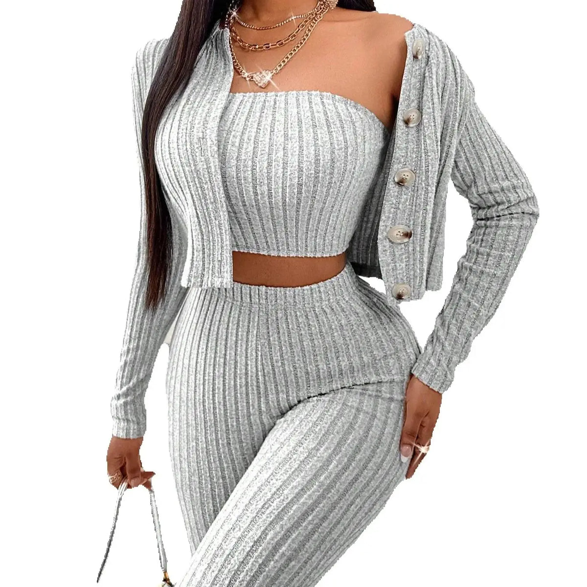 3-Piece Set of Solid Color Camisole, Front-Button Jacket, and Leggings
