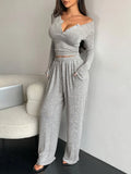 Spring Autumn Women Two-piece Suit Casual Slim Long Sleeve Tracksuit Suit Button Solid Tights And Trousers 2-piece Set Clothing