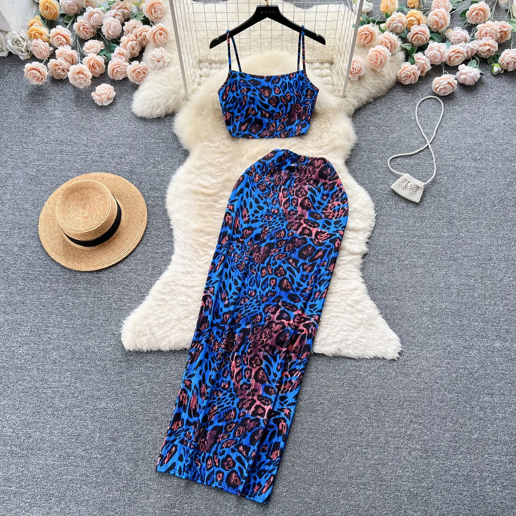 Retro Style Printed 2 Pieces Set for Women Fashion Summer Sleeveless Cropped Camis Top + Elastic Waist Bodycon Long Skirt Suits