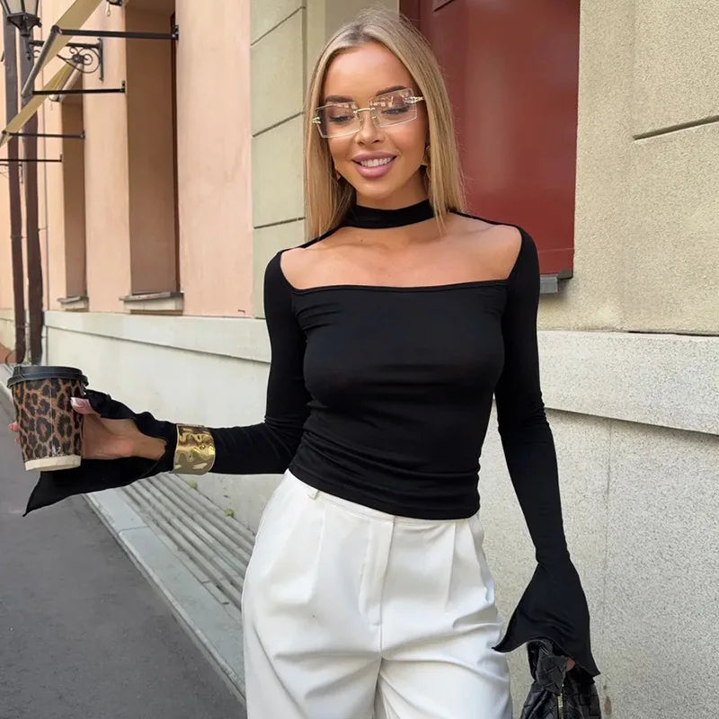 Women'S Fall/Winter New Arrival Solid Color Hanging Neck Square Collar Slim-Fit Elegant Slit Long-Sleeve Causal Top