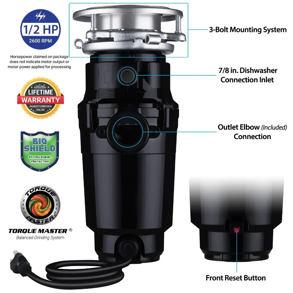 Waste Maid 1/2 HP Continuous Feed Garbage Disposal, Hardwired, Quiet & Compact