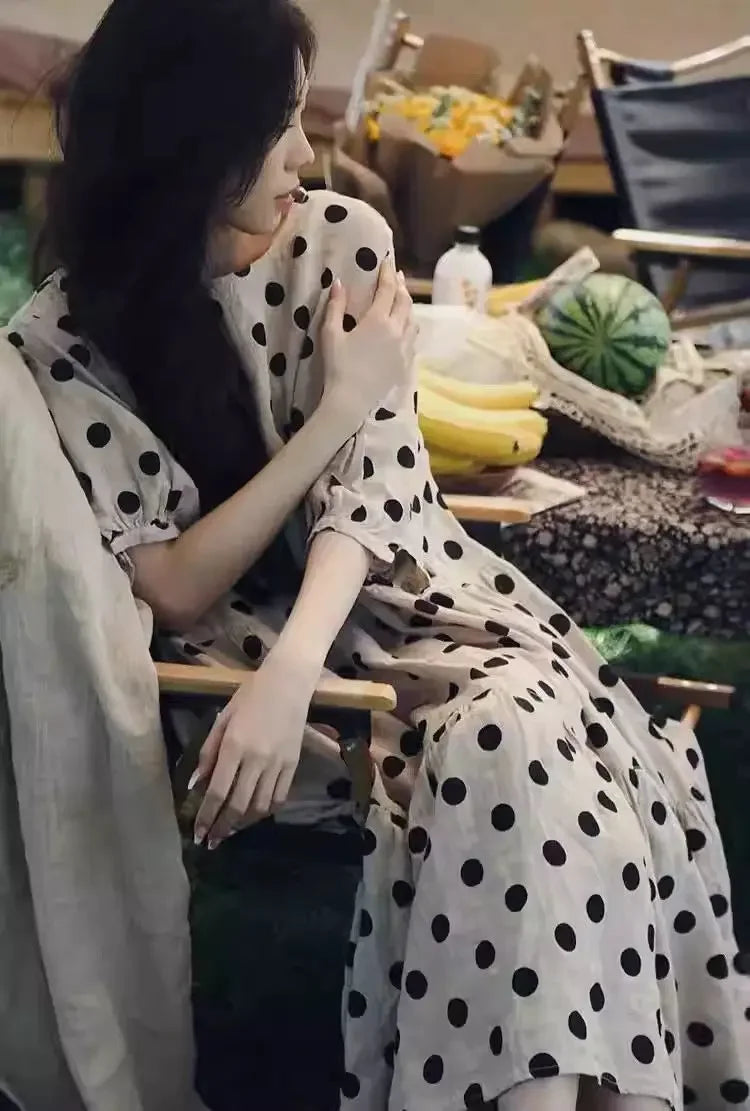 Fashion Retro Cotton and Linen Polka Dot Dress for Women Loose Slim Puff Sleeve Linen Doll Skirt