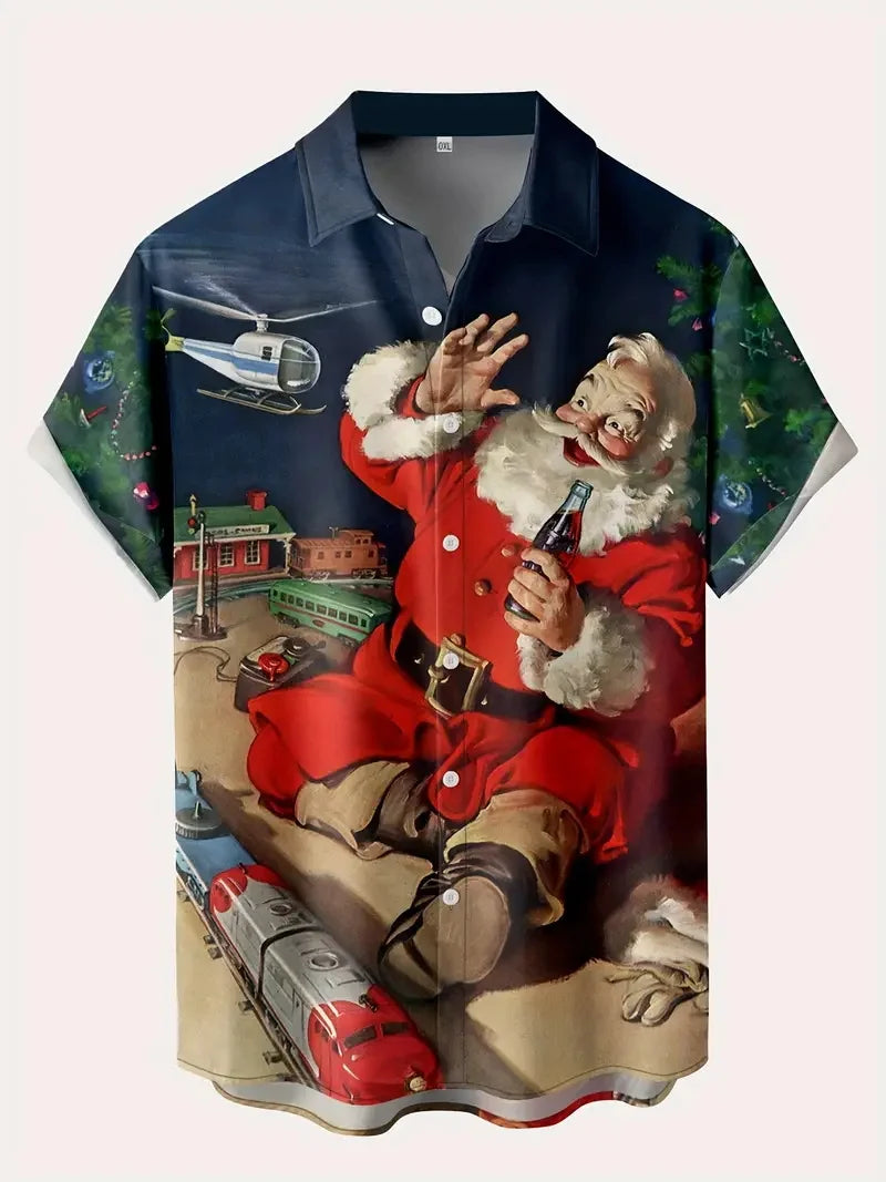 Men's Christmas Santa Beach Vacation Shirts 3D Print Casual Short Sleeve Button Up Hawaiian Shirts Blouse For Men Aloha Shirt