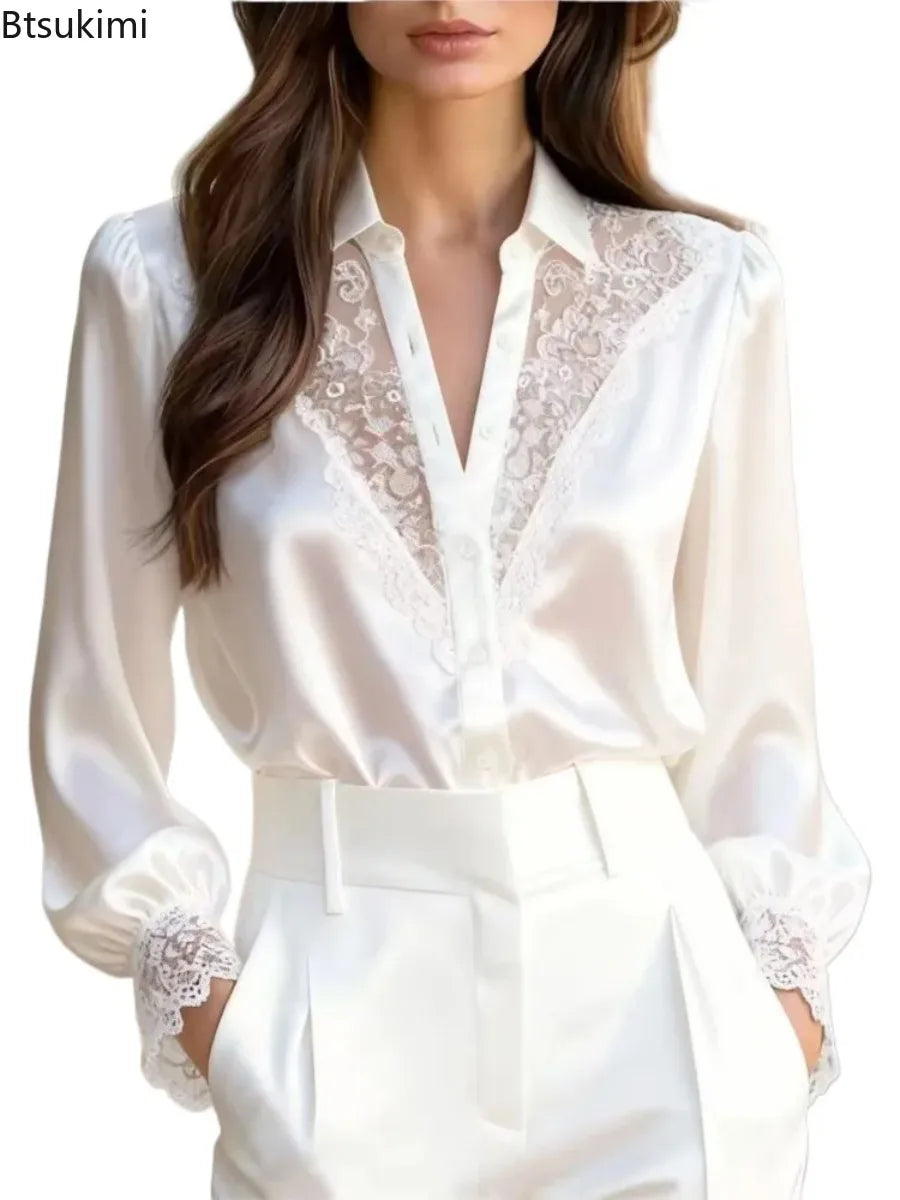 Sexy Lace Spliced Shirts for Women Spring Autumn Casual Turn Down Collar Long Puff Sleeve Slim Tops Office Lady Elegant Blouses