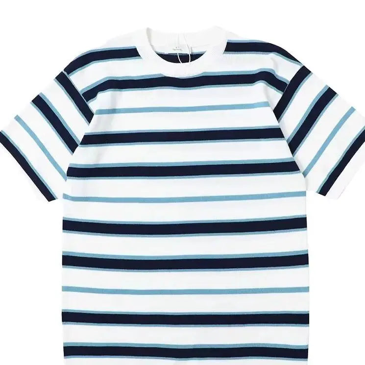 Retro American Casual Short-sleeved T-shirt for Men Round Neck Short-sleeved T-shirt Base Shirt for Summer New Stripes for Men