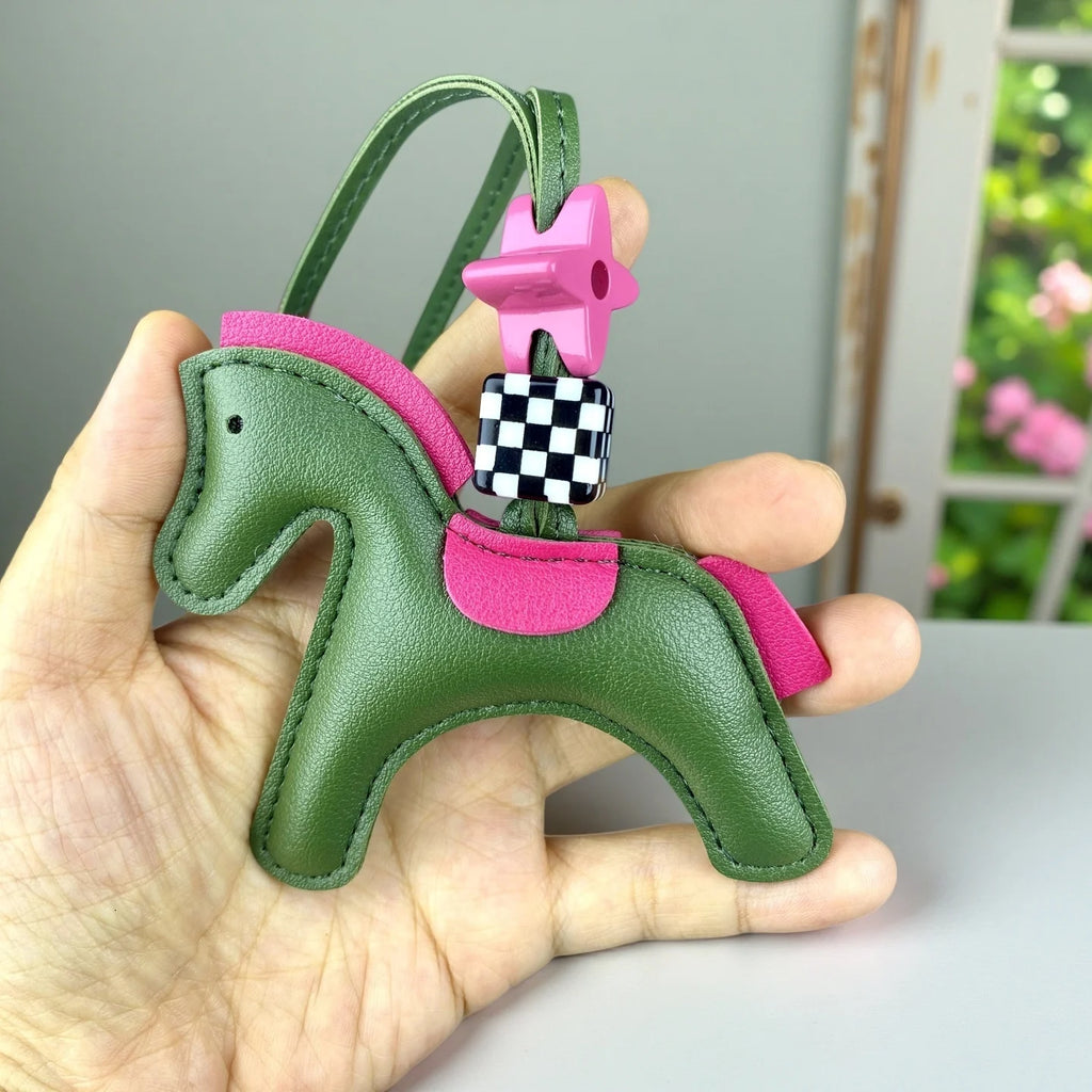 Chic PU Leather Pony Bag Charm, Lucky Clover & Checkered Bead Pendant, Y2K Boho Purse Accessory, Gift for Her