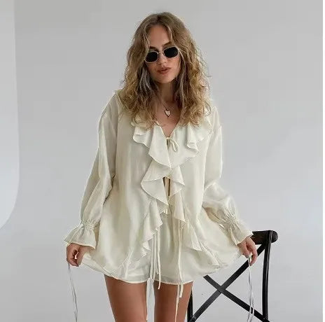 New Casual Shorts Two-piece Set For Women Ruffled Loose Lace-up Top Simple Shorts Suit Office Ladies Summer Women's Shorts Suit