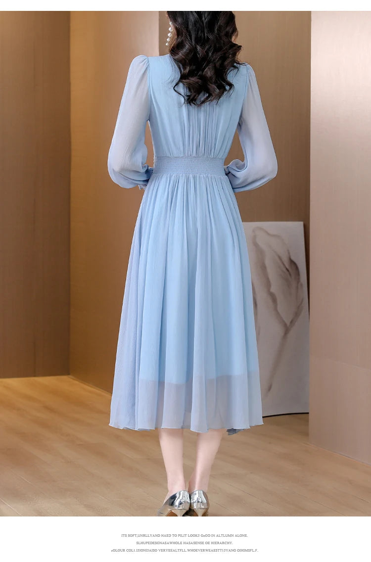 Blue Silk Long-Sleeved Dress For Spring Women's 2023 New High-Mulberry Silk Mesh Stitching Shows Thin And Long Skirt