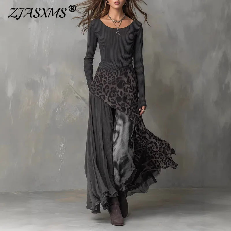 Spring Sexy Splicing Leopard Print Long Dress Woman Elegant O Neck High Waist Party Dresses Autumn Long Sleeve Ruffle Maxi Dress
