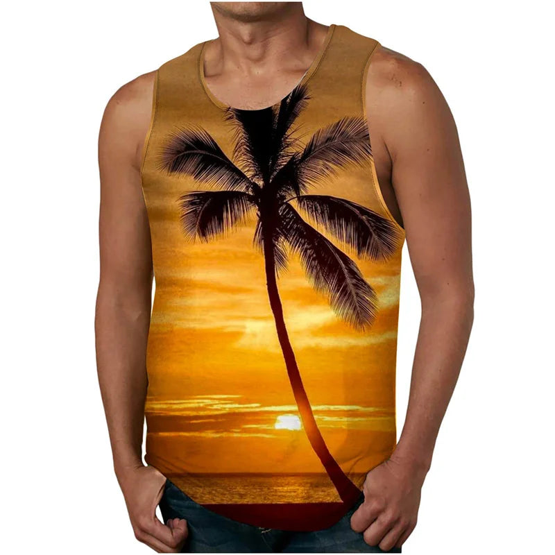 vintage Summer 3D New Coconut Trees Printed Tank Top Tropical Leaves Graphic Tank Tops Men Fashion Cool Streetwear Clothing Vest