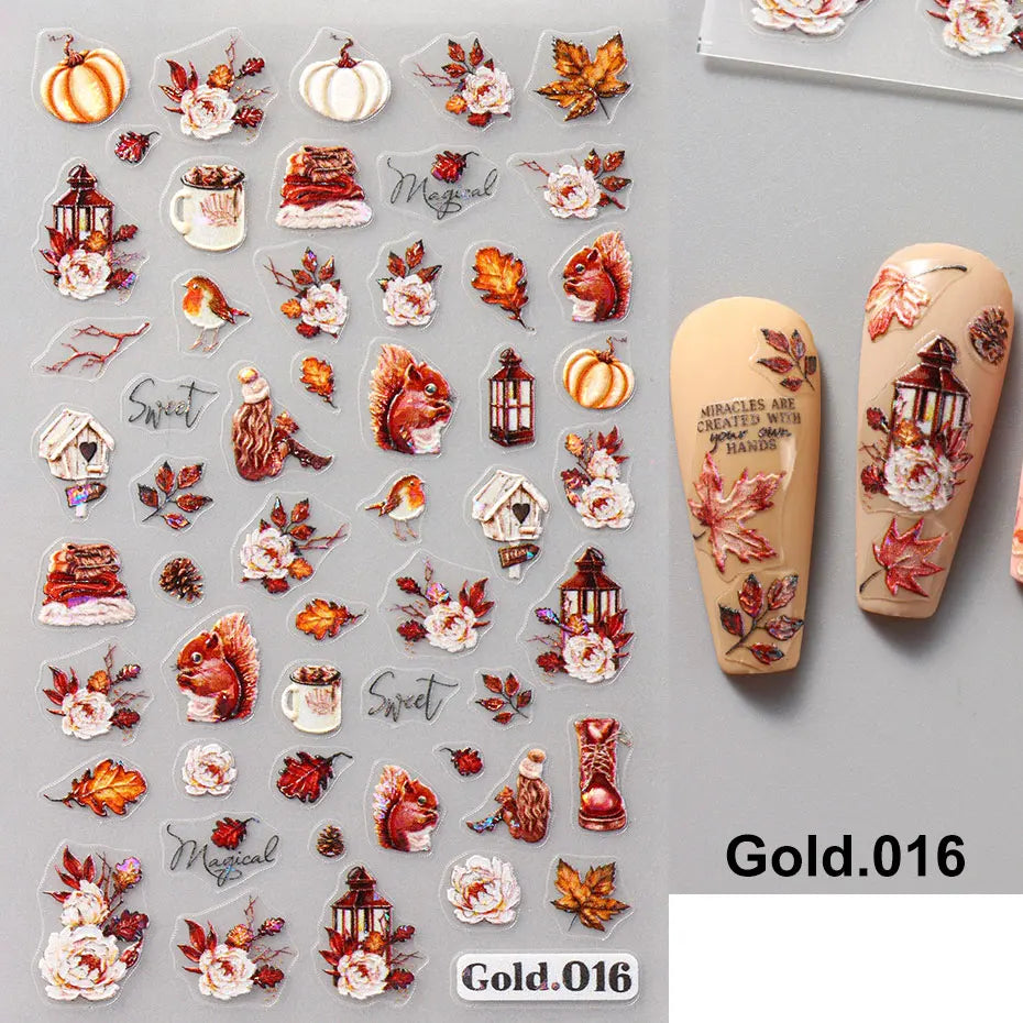 2/4pcs 5D Laser Autumn Bird Decals Fall Embossed Maple Leaves Squirrel Nail Sticker Fruits Flower Engraved Charm Manicure Decor