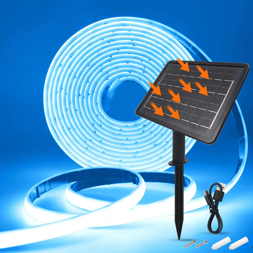 Solar Neon Light Strip 24V COB Waterproof IP68 Flexible LED Tape Red Green Blue Warm White 320LED/m High Density Linear Lighting