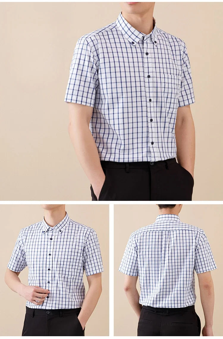 New In Shirt Summer 100%Cotton Short Sleeve Shirts for Men Slim Fit Formal Plain Shirt Designer Plaid Korean Popular Clothes