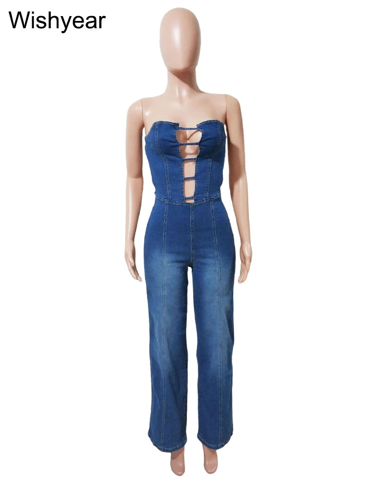 Sexy Off Shoulder Backless Denim Women's Jumpsuits High Waist Hollow Out Wide Leg Pants Jeans Bodysuit Summer Female Outwears