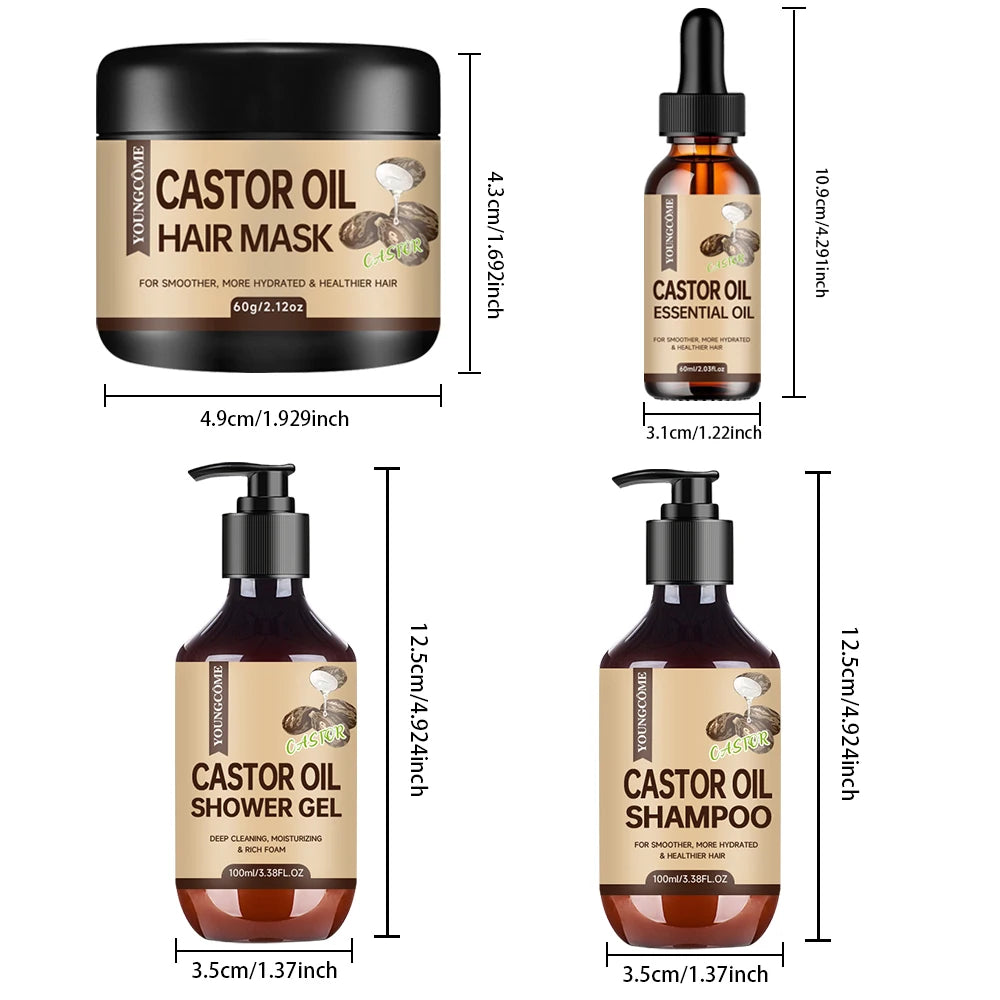 YOUNGCOME Castor Oil Hair Care Set: 3.38oz Shampoo, 3.38oz Shower Gel, 2.03oz Essential Oil, 2.12oz Hair Mask for Hair