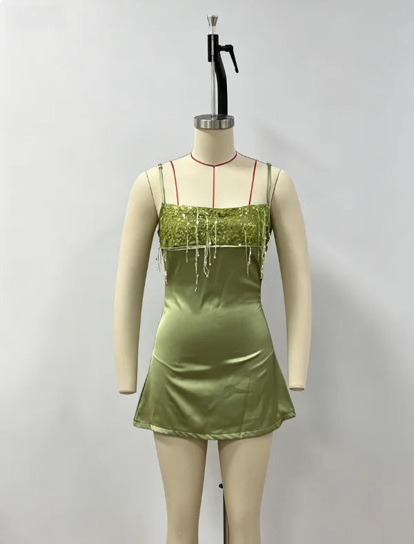 Sequin Tassel Beach Mini Dress  Women Satin Spaghetti Straps Square Neck Party Club Short Skirt 2026 NEW Summer Vacation Dresses