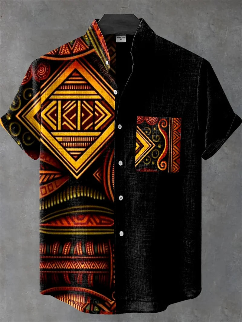 Men's Vintage Art Shirt Vintage Abstract Geometry World Tree Print Short Sleeve Linen Casual Shirt Men's Holiday