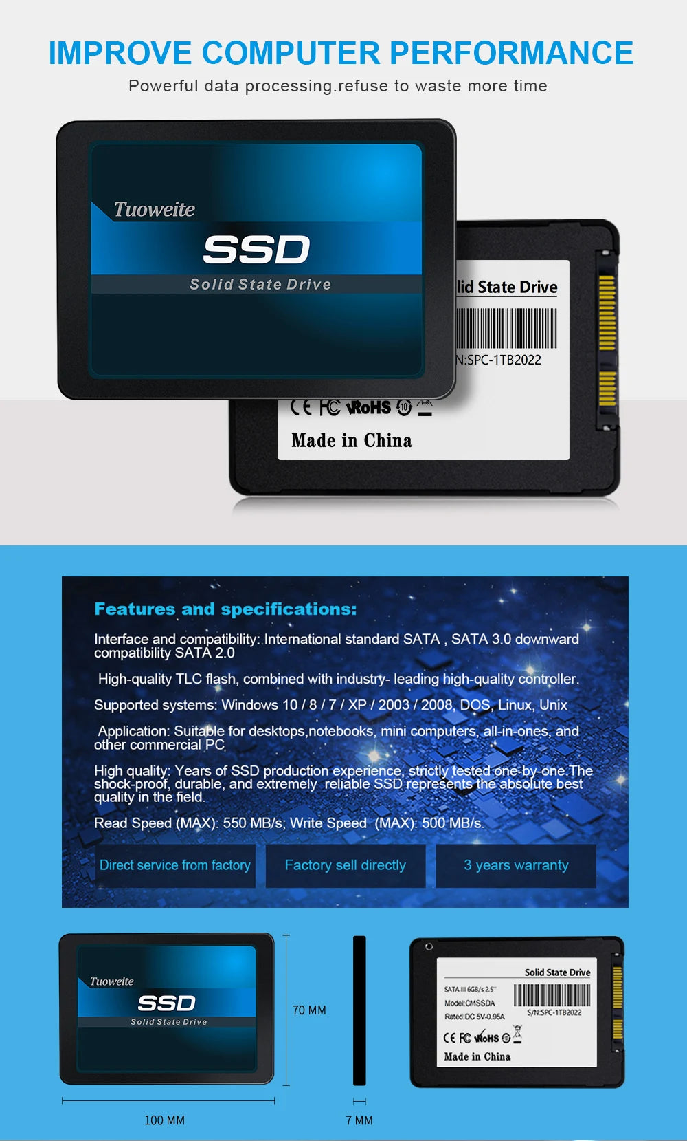 Ceamere Second-hand SSD Internal Sata3 Solid State Drive 120GB 240GB 480GB 128GB 256GB 512GB 1TB 2TB 2.5 Inch for PC Laptop