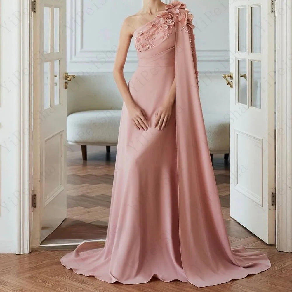 Customized Mermaid Prom Dresses Floor-Length One-Shoulder Sleeveless Evening Gown Fashion Flowers Crystal Stole Party Gown